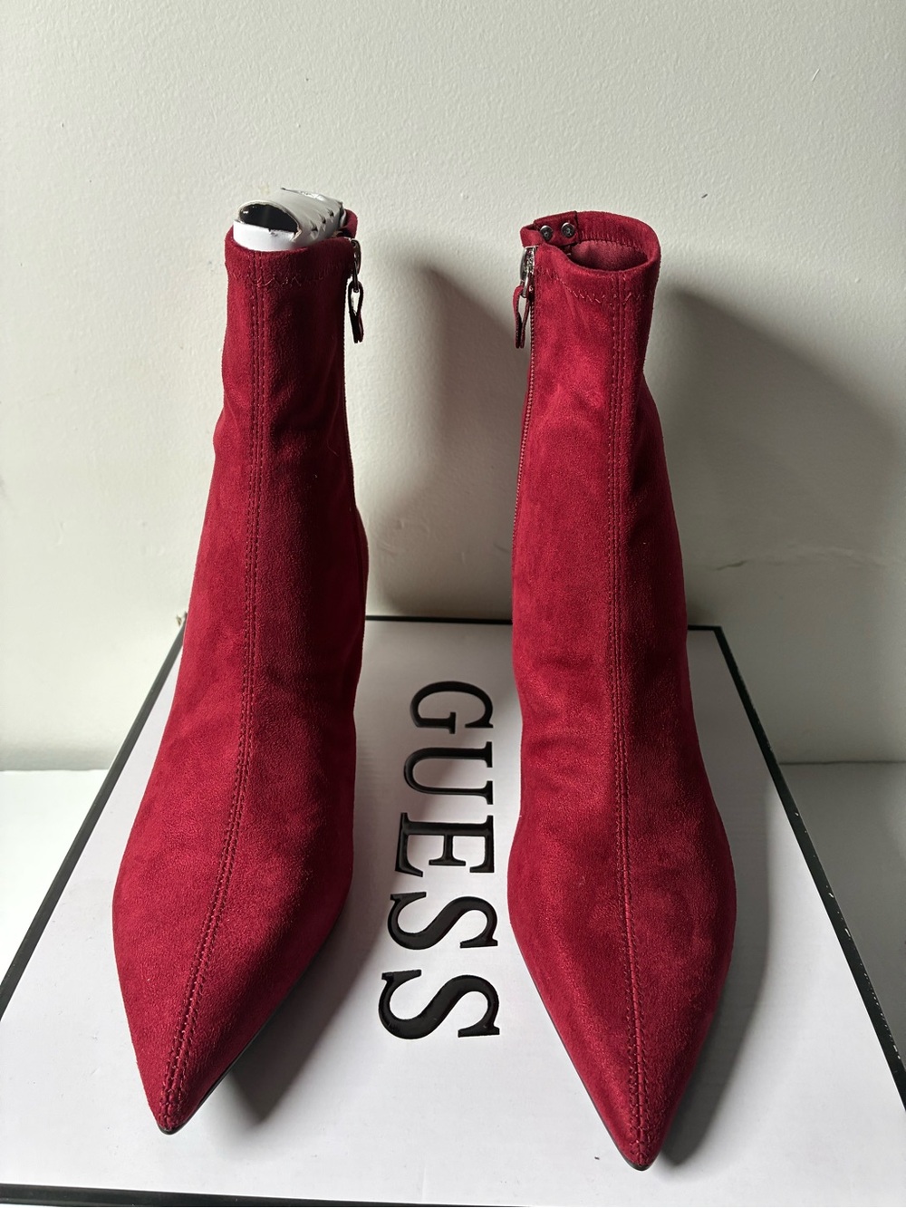 GUESS Red Suede Pointed Zip Ankle Boots